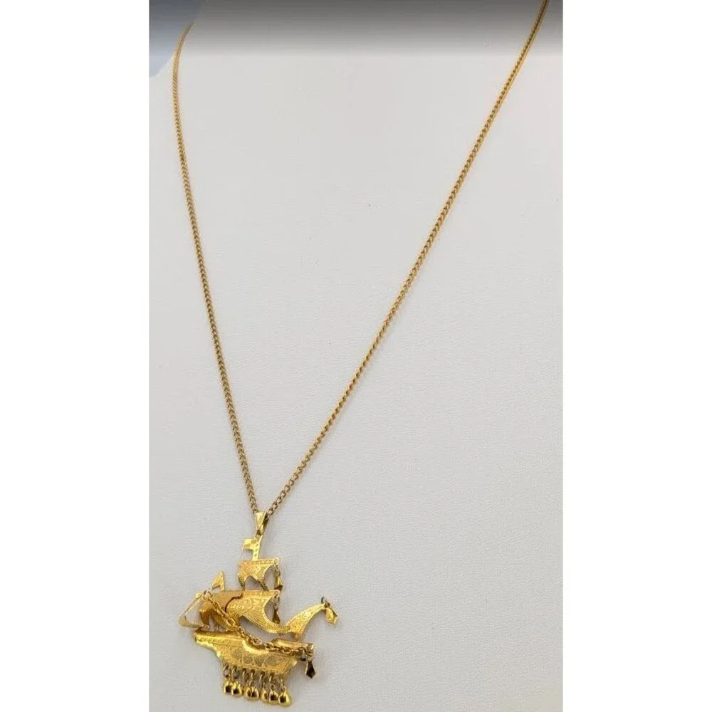 Pirate Ship Pendant Necklace Gold Tone Spanish Galleon Nautical 24 inch  Dangle